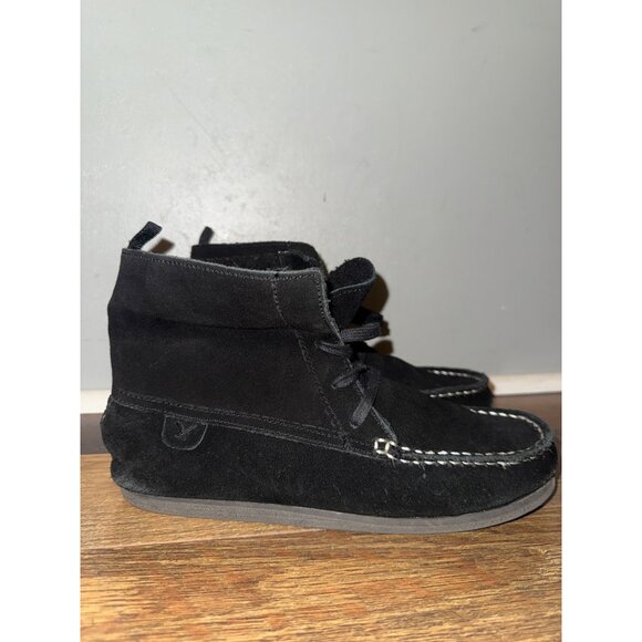 American Eagle Black Genuine Cow Suede Faux Fur Ankle Moccasin Booties Sz 9 - Picture 2 of 14